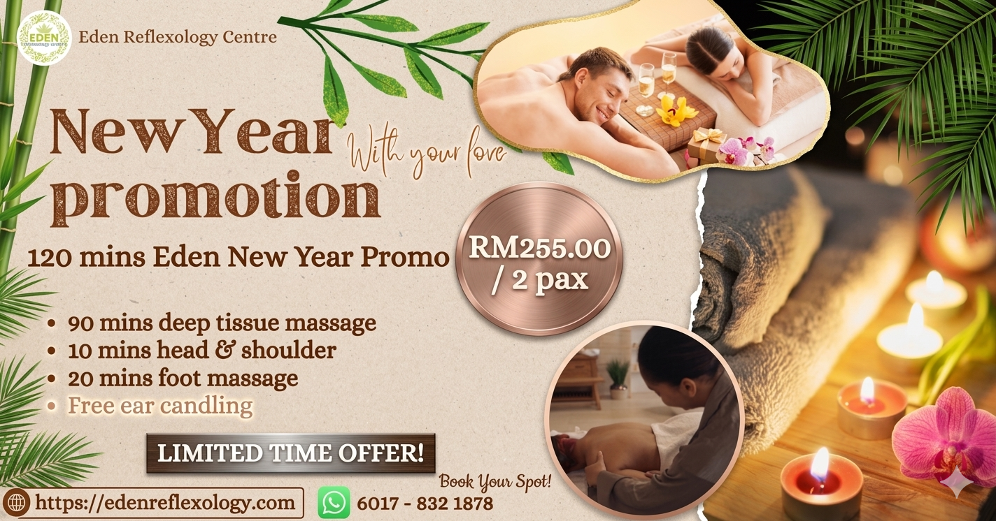 New Year promotion banner for Eden Reflexology: 120-minute couple massage RM255; includes deep tissue, head/shoulder, and foot massage, plus free ear candling.