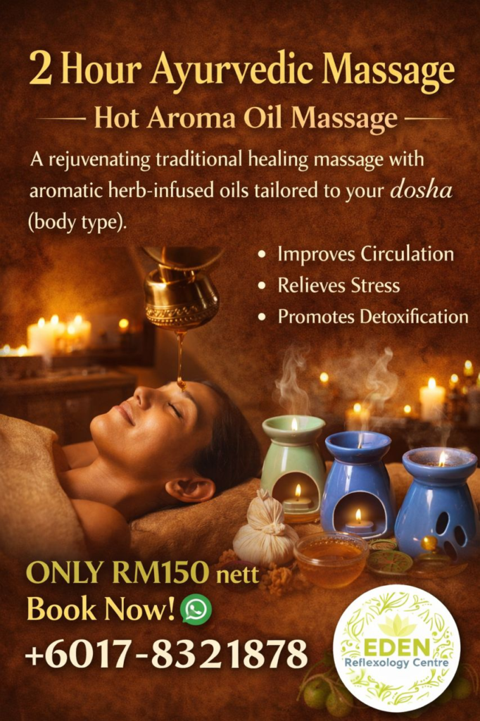 Poster advertising a 2-hour Ayurvedic massage with hot aroma oil; a woman relaxes as oil drips from a censer, with candles and oil lamps around.